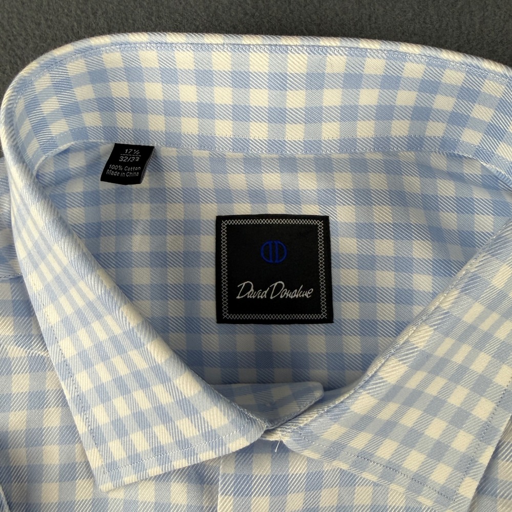 David Donahue Shirt Men's 17.5 32-33 Blue Gingham Check Plaid Dress Spread Sky - Picture 4 of 11